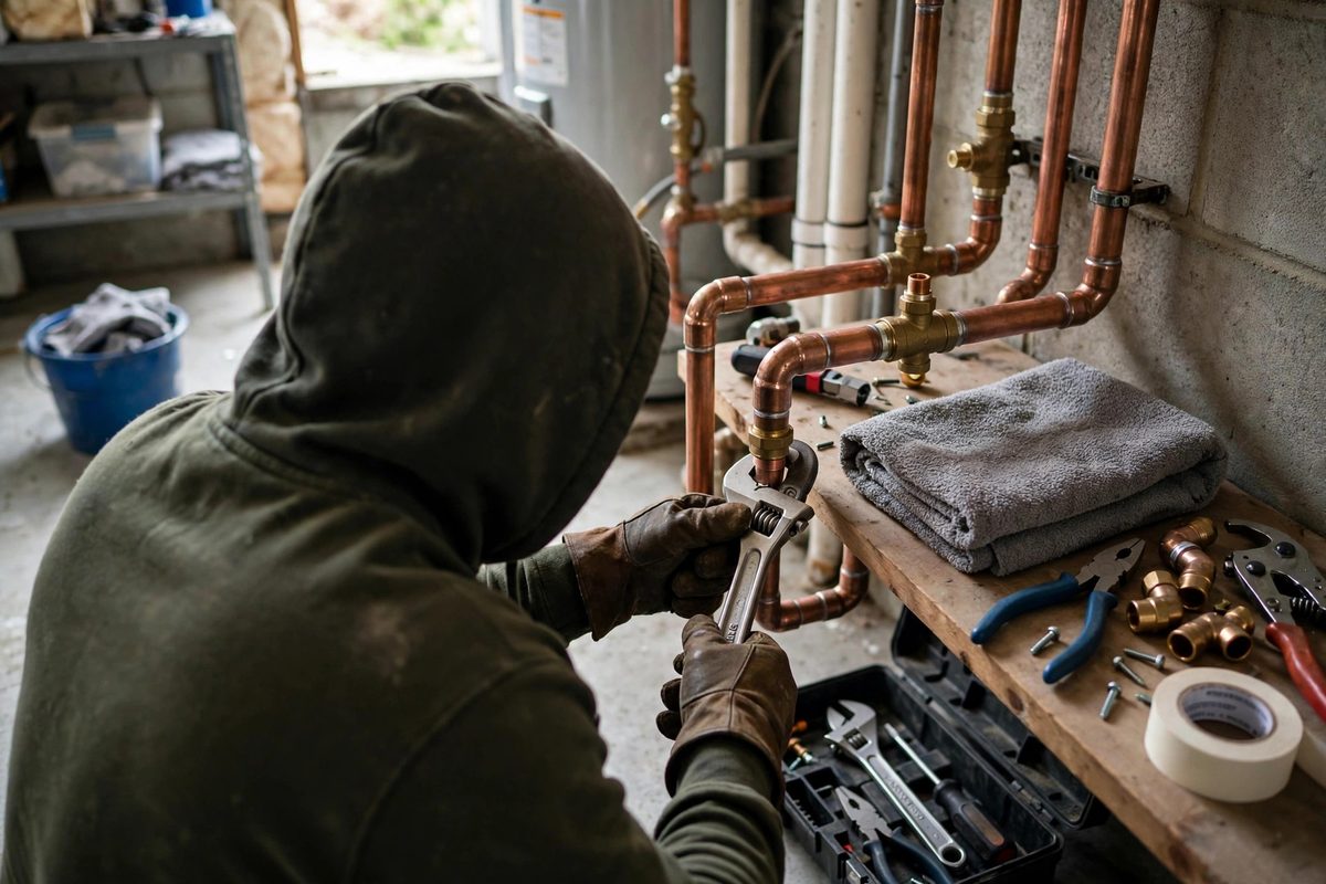 Plumber tightening a water pipe with a wrench during repair work