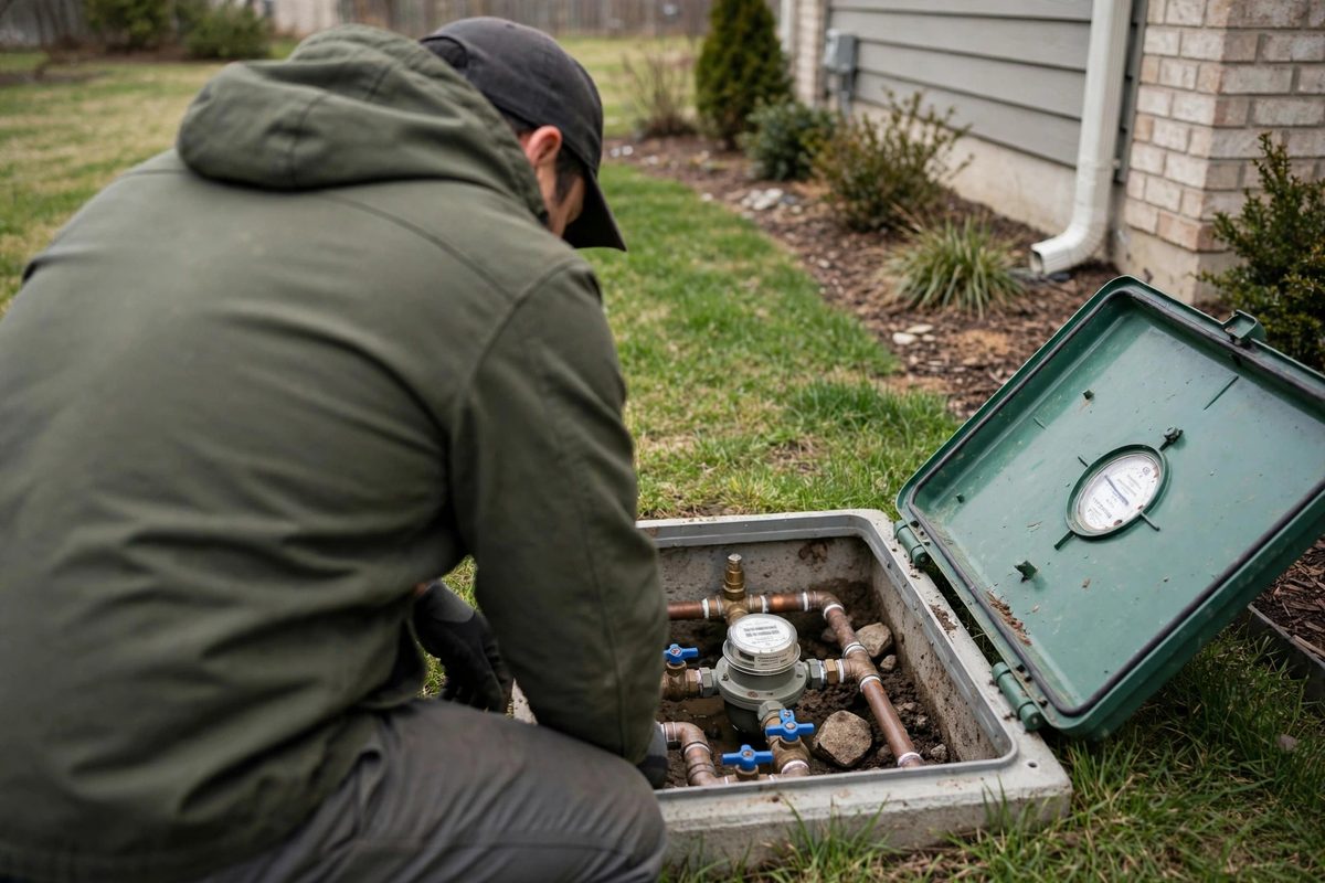 Technician reading an outdoor water meter to check whether it moves with taps off